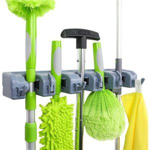 Rectangular Wall Mount Broom Holder and Garden Tool Organizer, 6 Hook and 5 slot